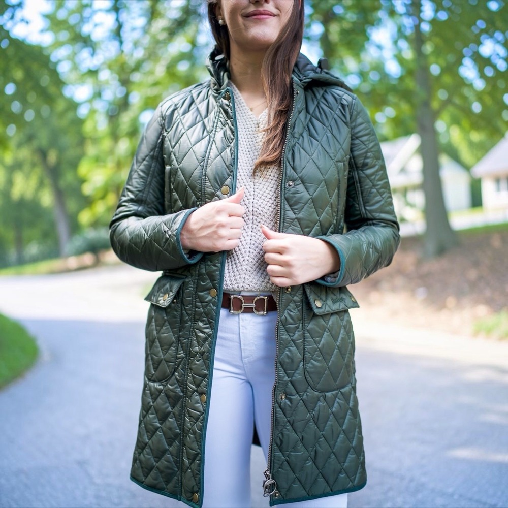 Barbour Jenkins Quilted Jacket Women Olive Green Hooded Coat Size 6